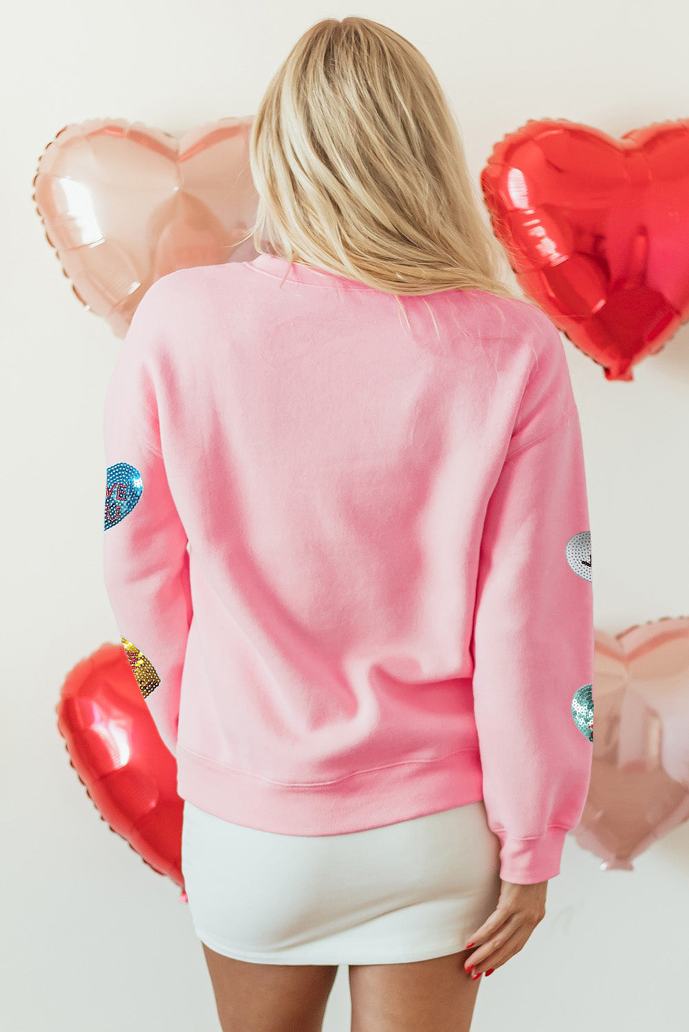 Rosa Pailletten-Sweatshirt, Romantische Buchstaben Herzgrafik Valentinstag
