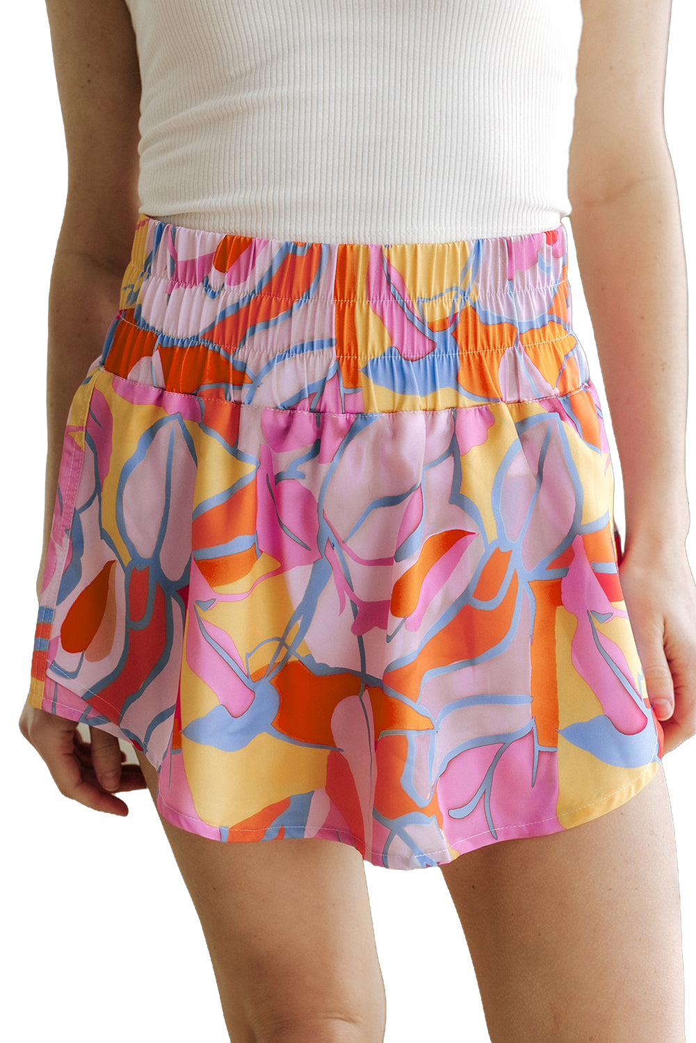 Grüne Freizeitshorts mit abstraktem Print, Gesmokte Taille Casual Sommermode