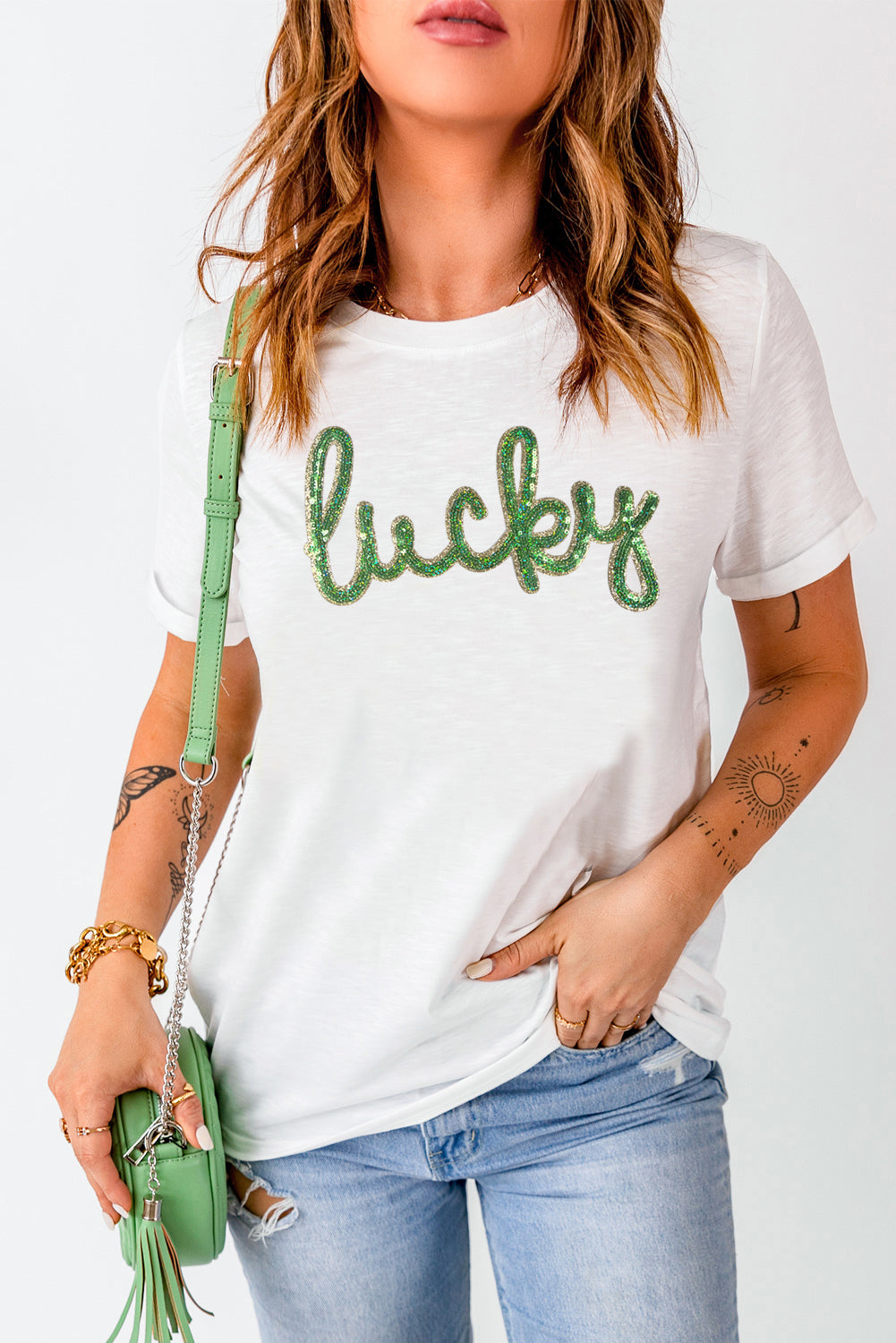 Weißes T-Shirt mit Pailletten, Lucky St.Patricks Day Deko