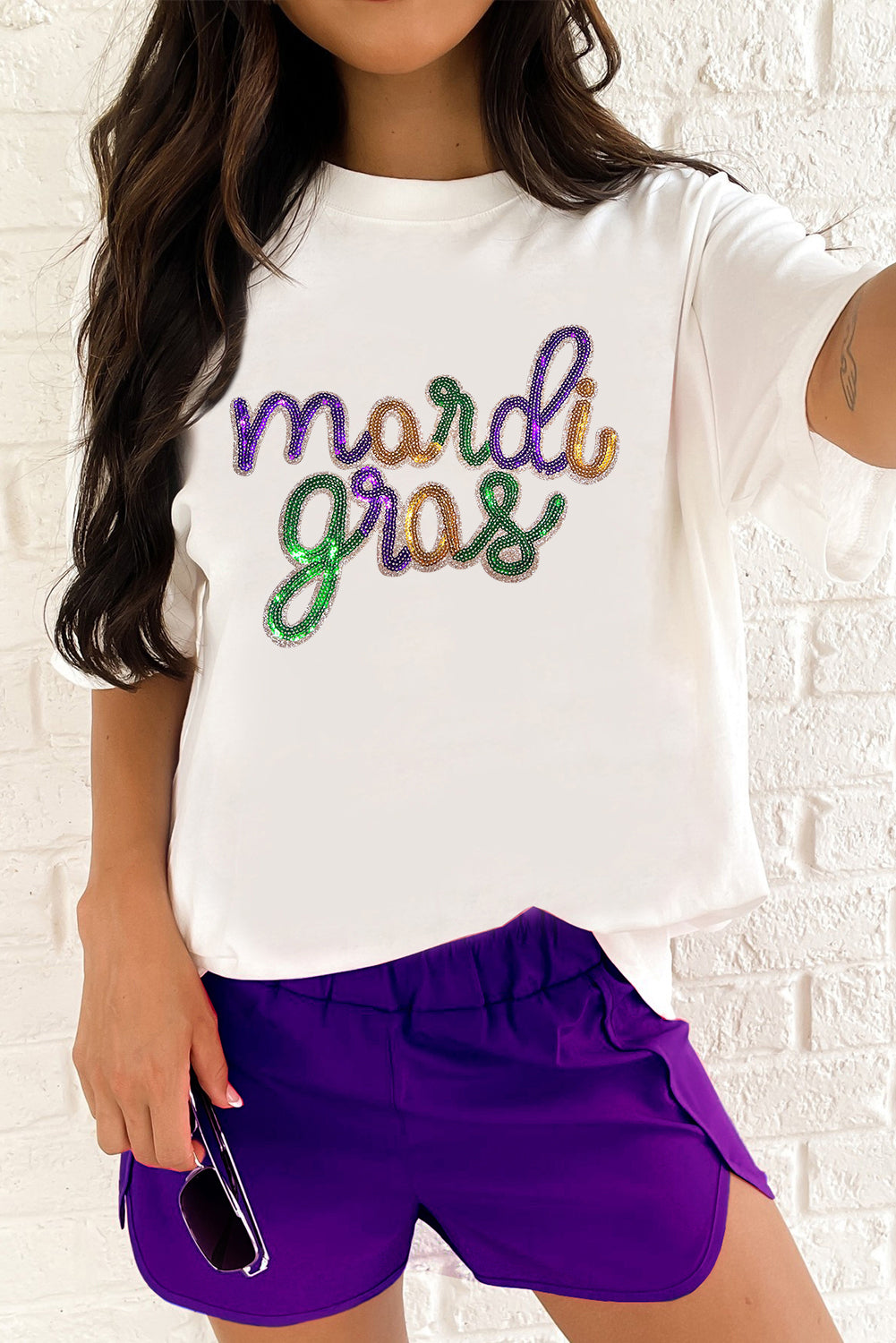 Weißes T-Shirt mit Pailletten-Mardi-Gras-Grafik, Kurzarm Damenmode