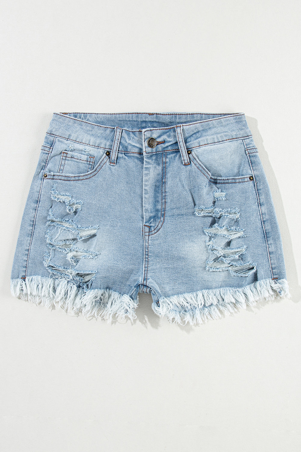 Hellblaue Denim-Shorts mit hoher Taille, Distressed Look, Riss-Design