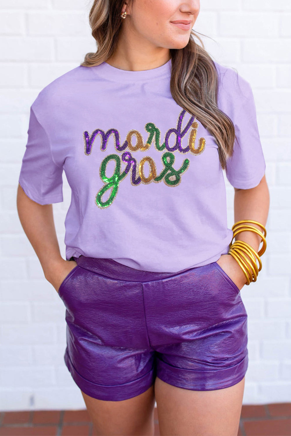 Weißes T-Shirt mit Pailletten-Mardi-Gras-Grafik, Kurzarm Damenmode