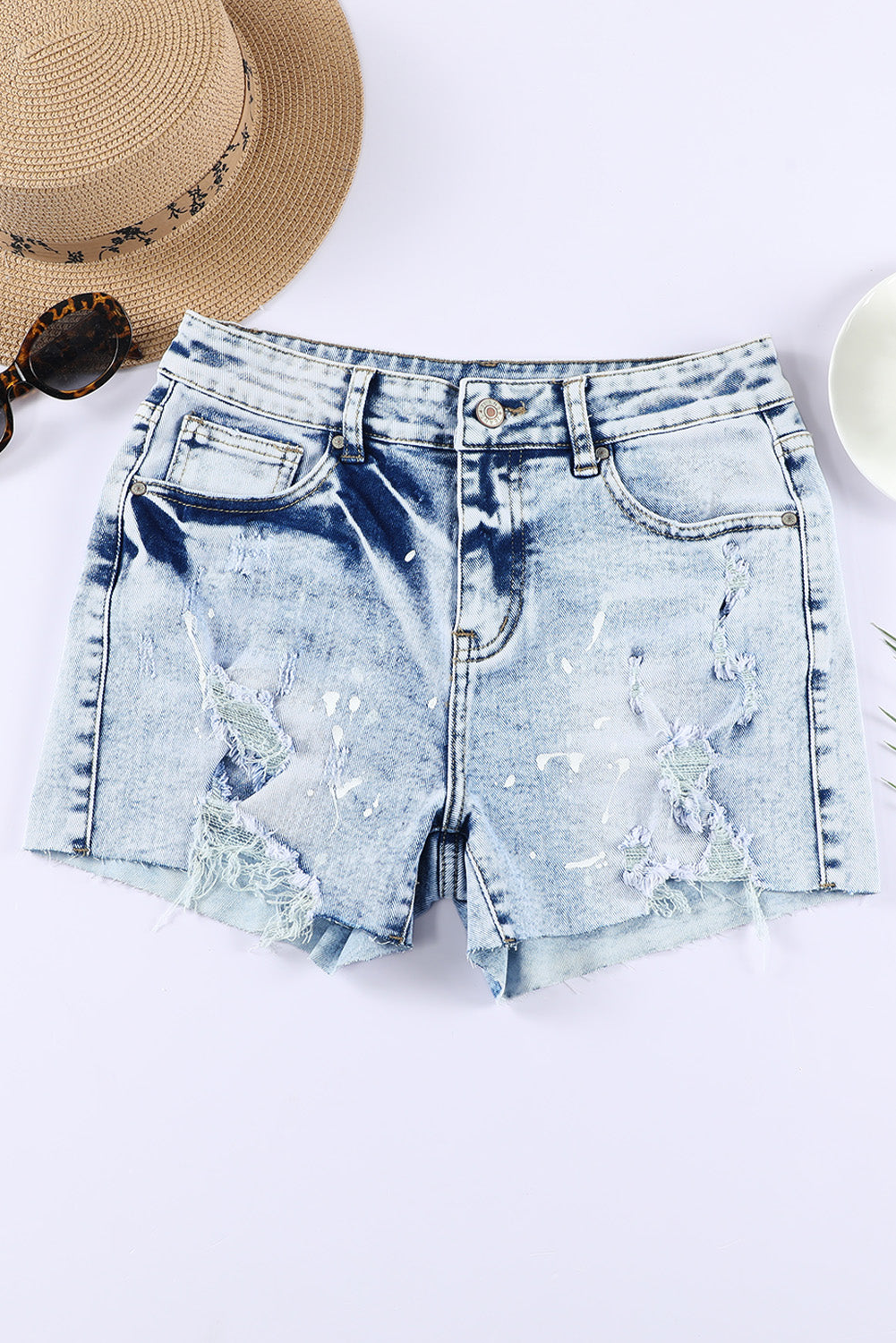 Sky Blue Delessed Gebleichte Denim Shorts, Frayed Cutoff Sommermode
