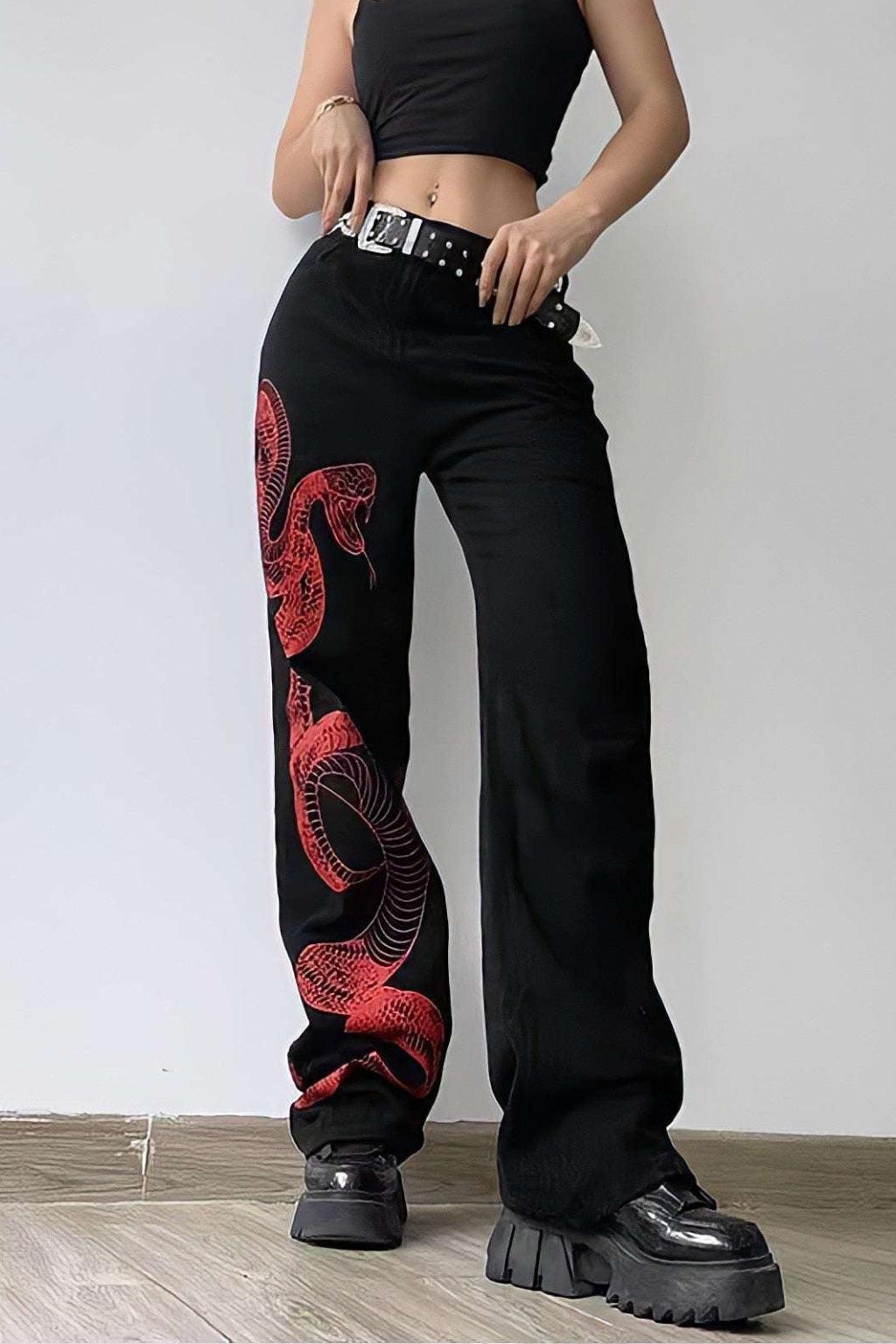 Bestickte Stretch-Denim Jeans Damen Mit Drachenmotiv Und Kanji-Kalligraphie-4