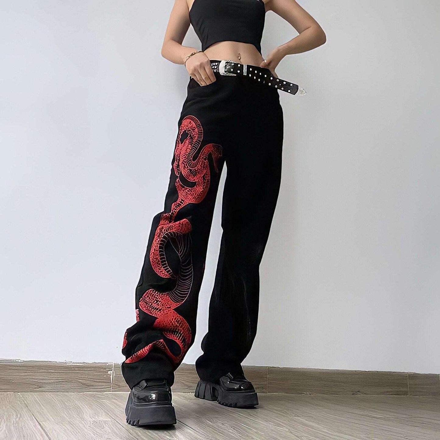 Bestickte Stretch-Denim Jeans Damen Mit Drachenmotiv Und Kanji-Kalligraphie-6