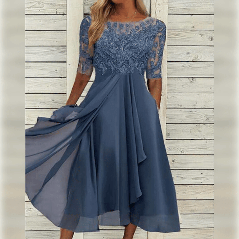 Elegantes Damenkleid Mit Mittlerer Länge, Gesticktes Kleid Hochzeitsgast Mit Kurzen Ärmeln Für Festliche Anlässe