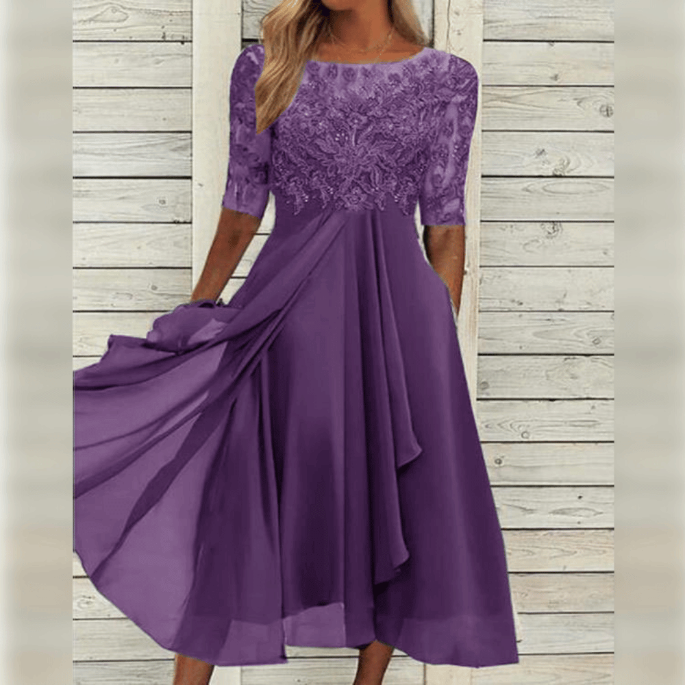 Variant image for Elegantes Damenkleid Mit Mittlerer Länge, Gesticktes Kleid Hochzeitsgast Mit Kurzen Ärmeln Für Festliche Anlässe-17