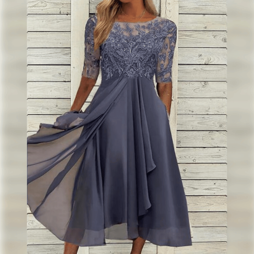 Variant image for Elegantes Damenkleid Mit Mittlerer Länge, Gesticktes Kleid Hochzeitsgast Mit Kurzen Ärmeln Für Festliche Anlässe-25
