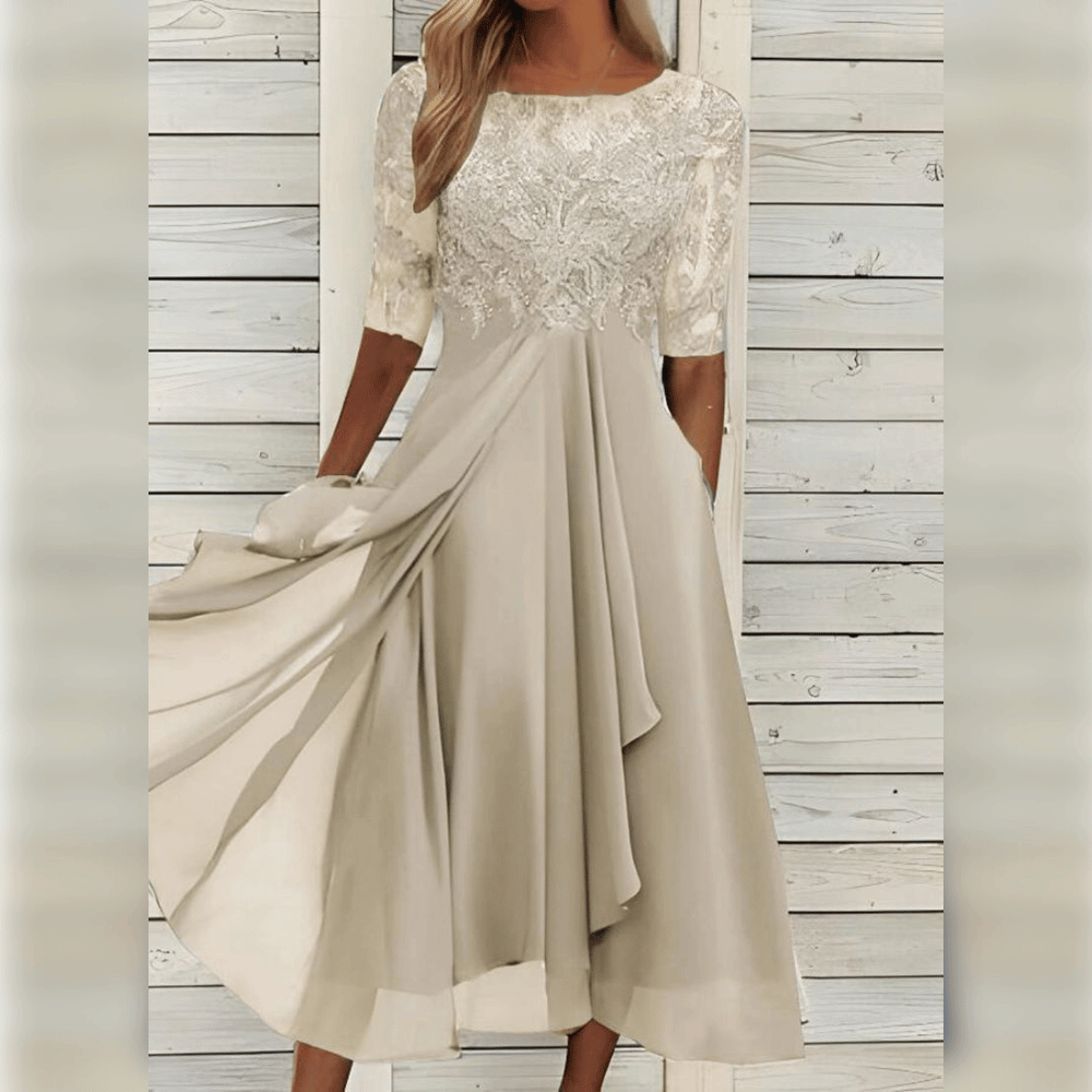 Variant image for Elegantes Damenkleid Mit Mittlerer Länge, Gesticktes Kleid Hochzeitsgast Mit Kurzen Ärmeln Für Festliche Anlässe-57