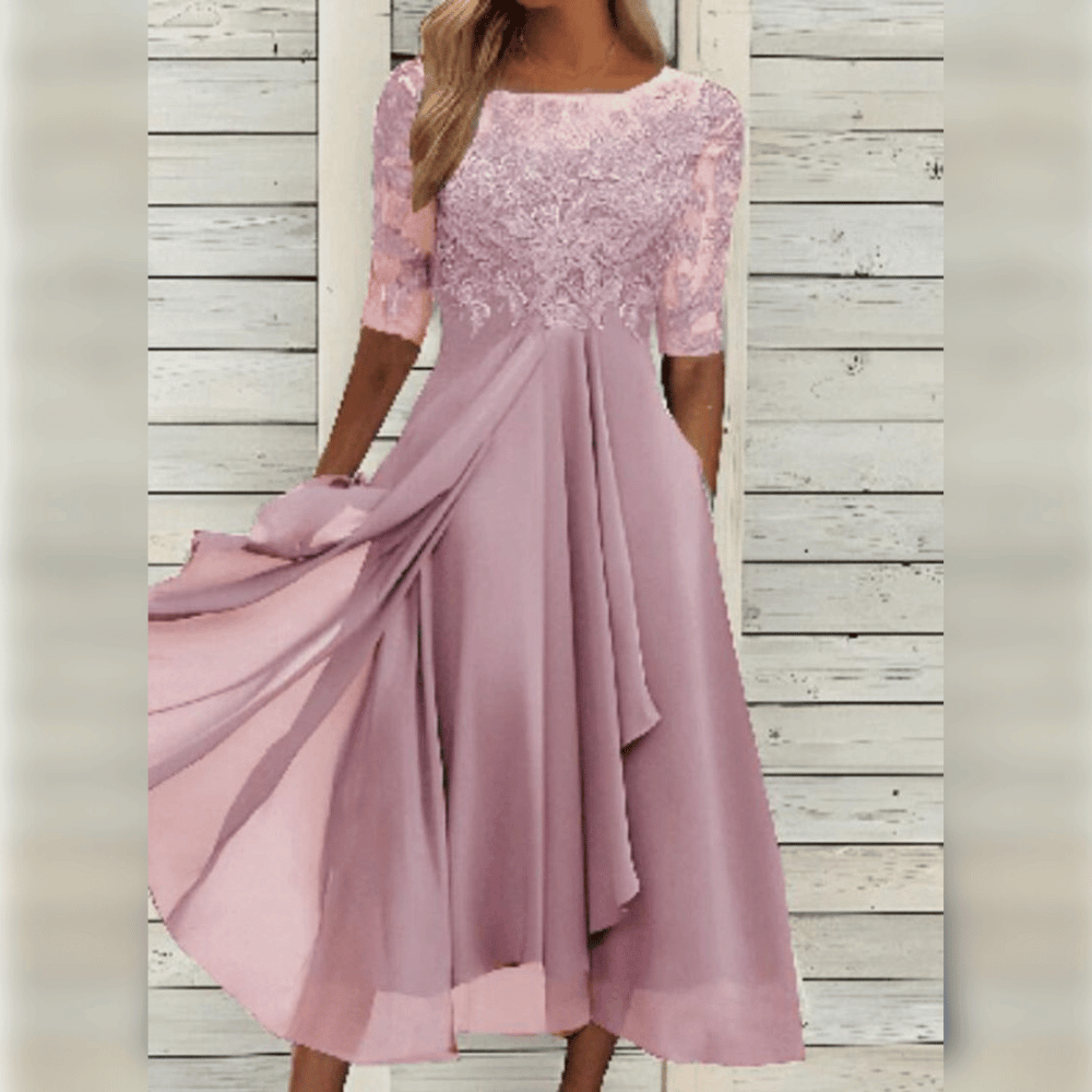 Variant image for Elegantes Damenkleid Mit Mittlerer Länge, Gesticktes Kleid Hochzeitsgast Mit Kurzen Ärmeln Für Festliche Anlässe-49