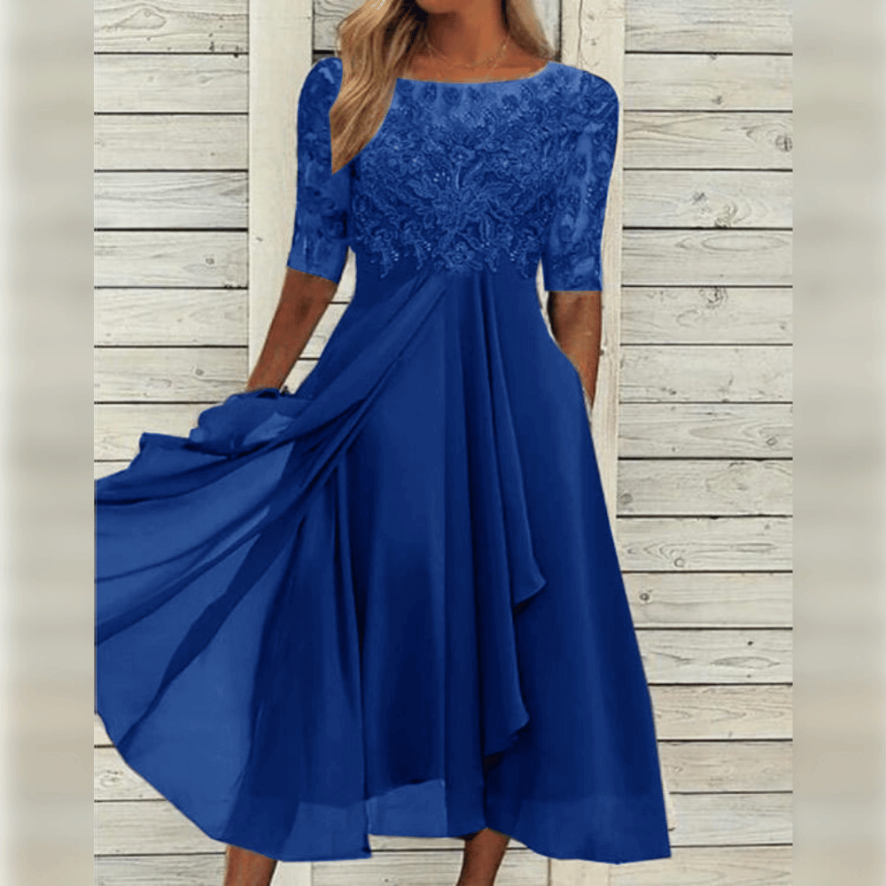 Variant image for Elegantes Damenkleid Mit Mittlerer Länge, Gesticktes Kleid Hochzeitsgast Mit Kurzen Ärmeln Für Festliche Anlässe-41