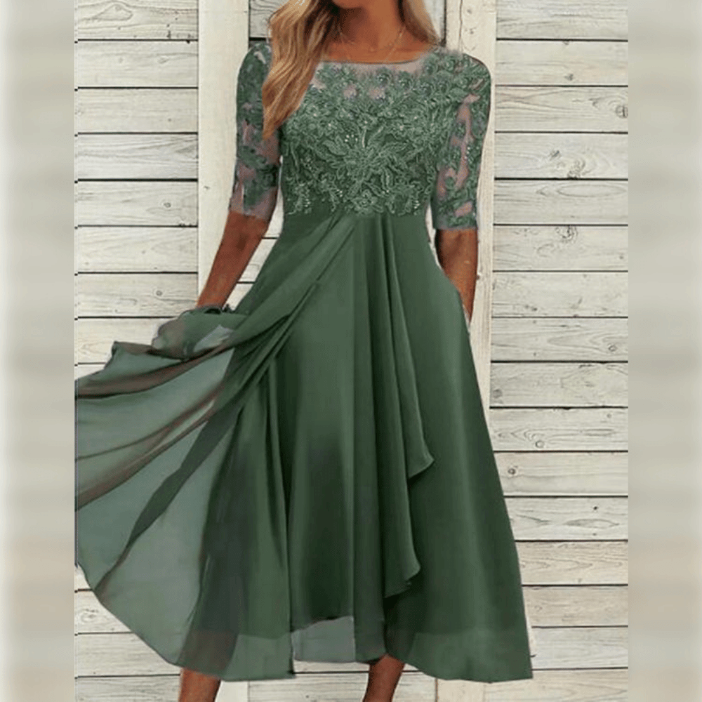 Elegantes Damenkleid Mit Mittlerer Länge, Gesticktes Kleid Hochzeitsgast Mit Kurzen Ärmeln Für Festliche Anlässe