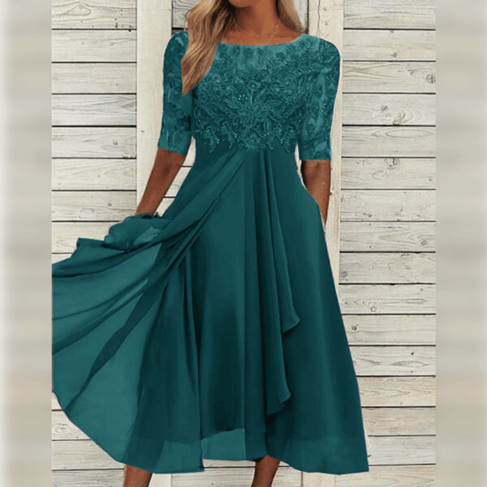Elegantes Damenkleid Mit Mittlerer Länge, Gesticktes Kleid Hochzeitsgast Mit Kurzen Ärmeln Für Festliche Anlässe