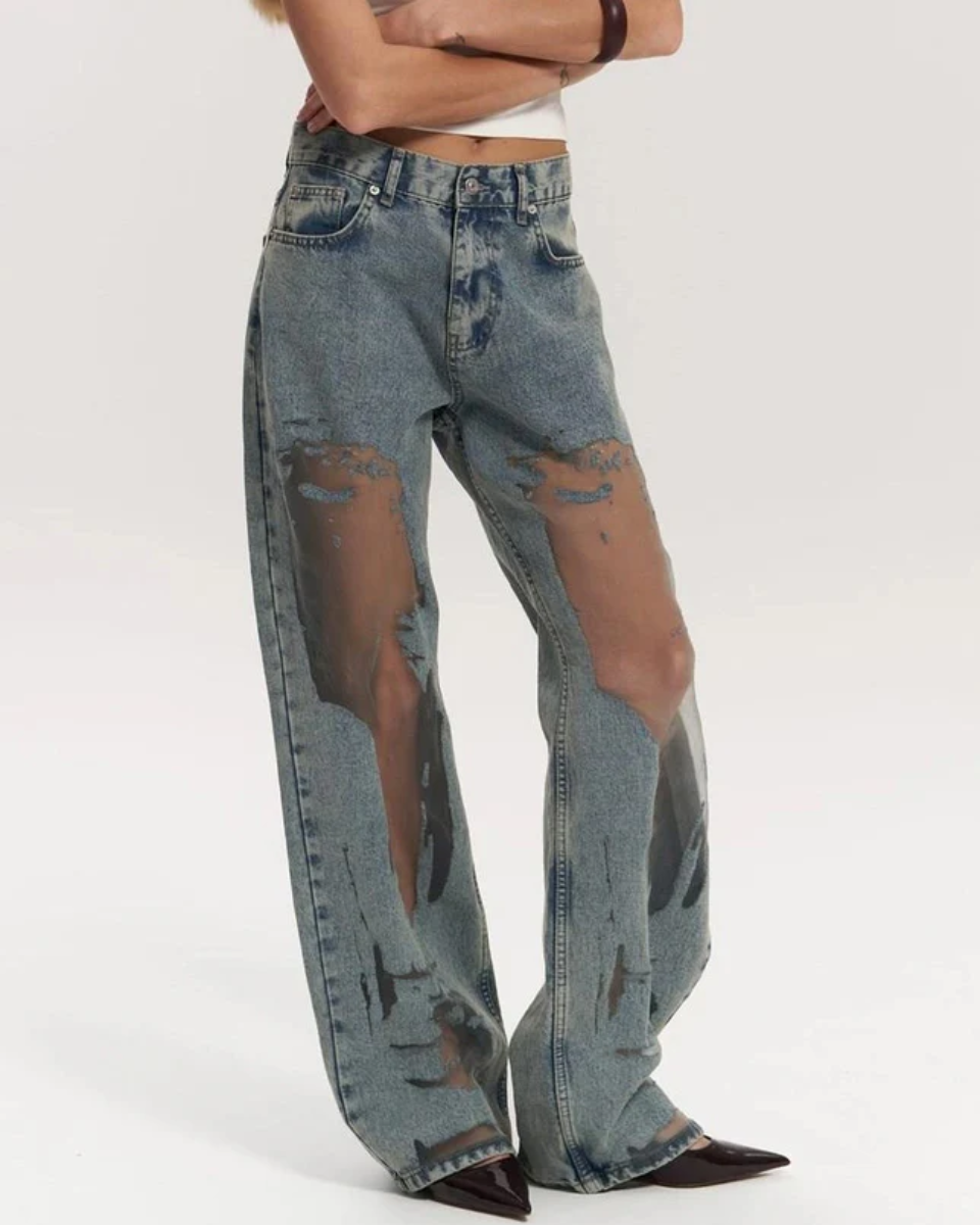 Hoch Taillierte Weitbeinjeans Damen Mit Einzigartigem Mesh-Patchwork-Design – Modische Damenjeans-3