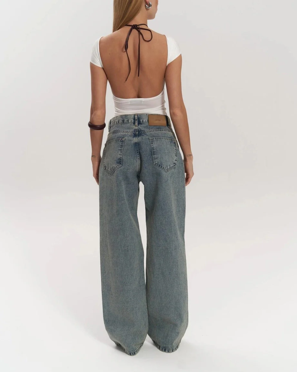 Hoch Taillierte Weitbeinjeans Damen Mit Einzigartigem Mesh-Patchwork-Design – Modische Damenjeans-4