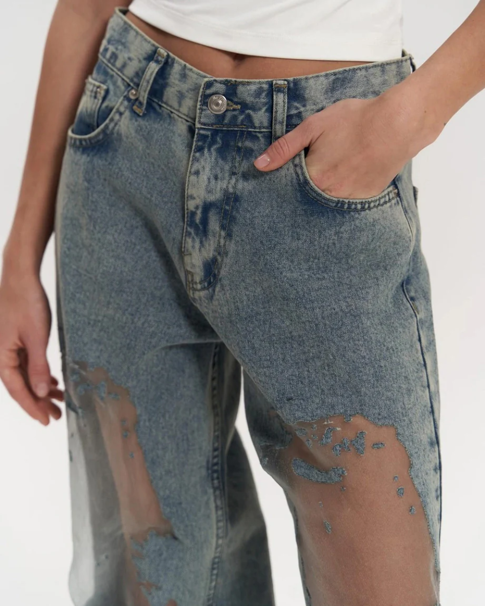 Hoch Taillierte Weitbeinjeans Damen Mit Einzigartigem Mesh-Patchwork-Design – Modische Damenjeans-5