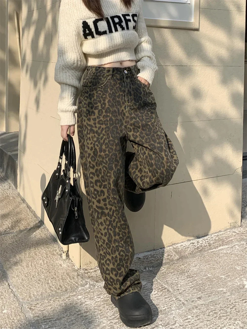 Hoch Taillierte Damenjeans Mit Leopardenmuster Und Weitem Bein, Trendige Passform In S-XXL-Größen-4
