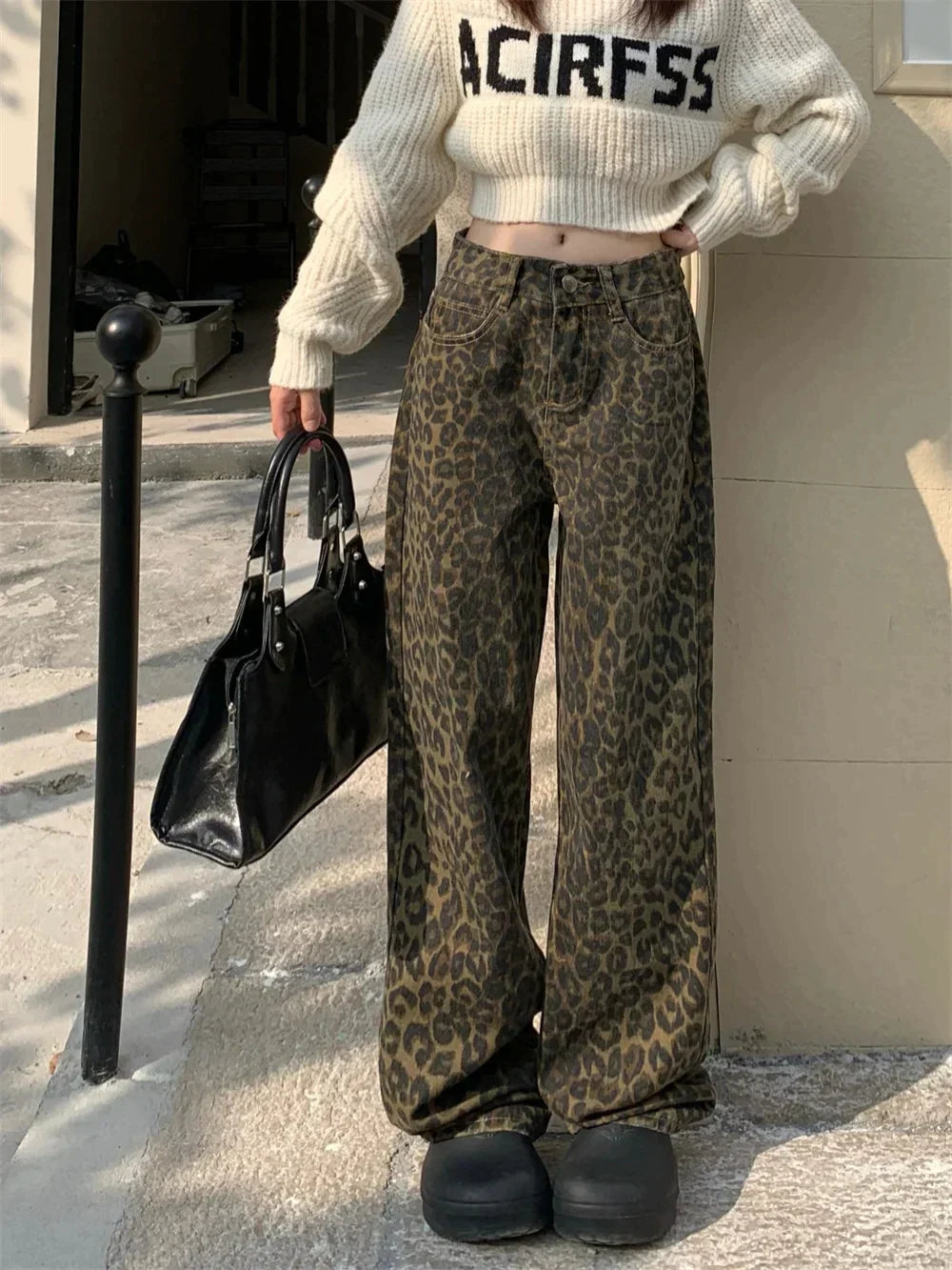 Hoch Taillierte Damenjeans Mit Leopardenmuster Und Weitem Bein, Trendige Passform In S-XXL-Größen-6