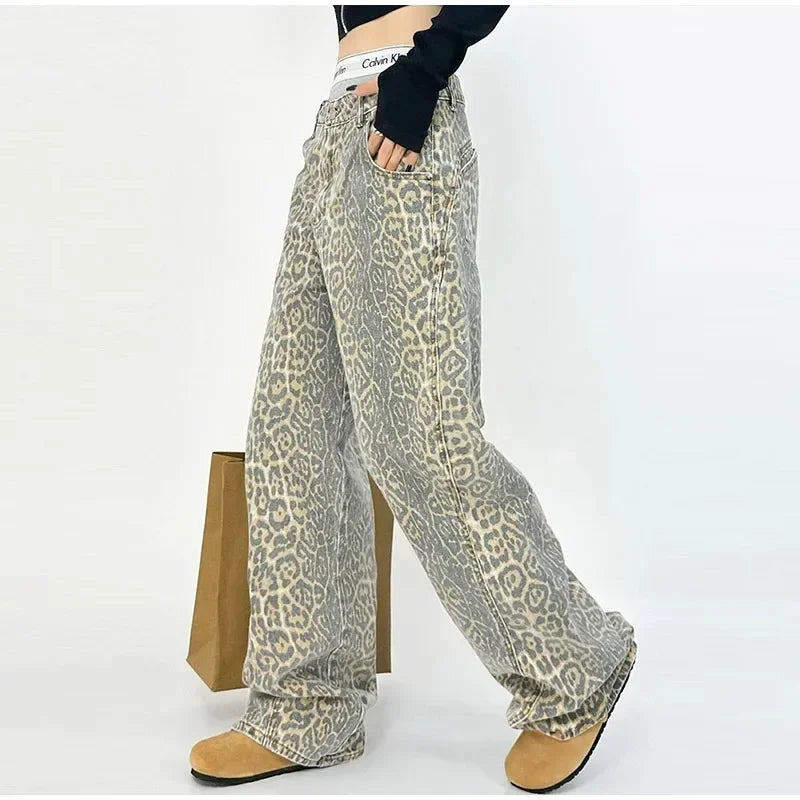 Variant image for Hoch Taillierte Damenjeans Mit Leopardenmuster Und Weitem Bein, Trendige Passform In S-XXL-Größen-5
