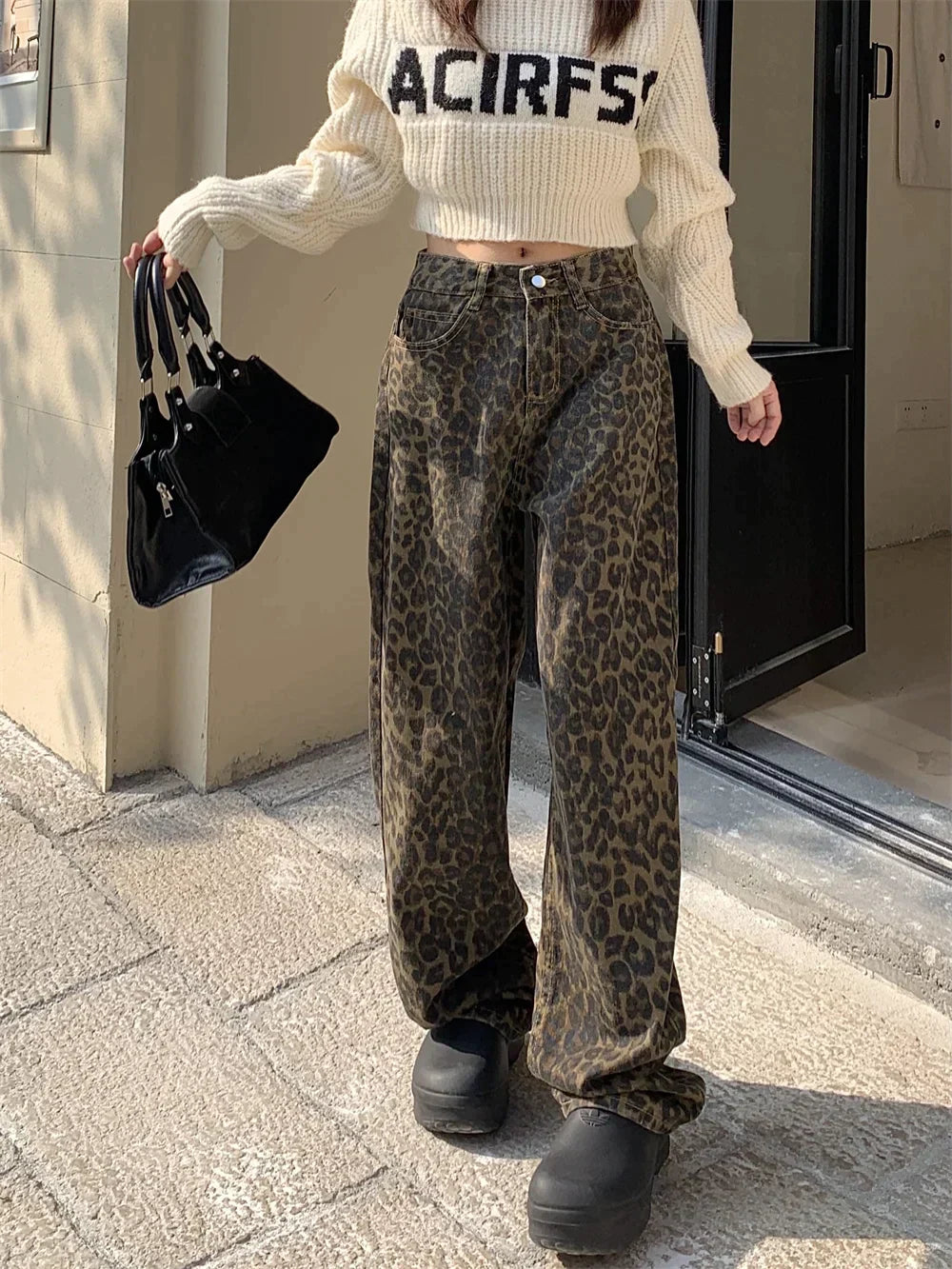 Hoch Taillierte Damenjeans Mit Leopardenmuster Und Weitem Bein, Trendige Passform In S-XXL-Größen-3