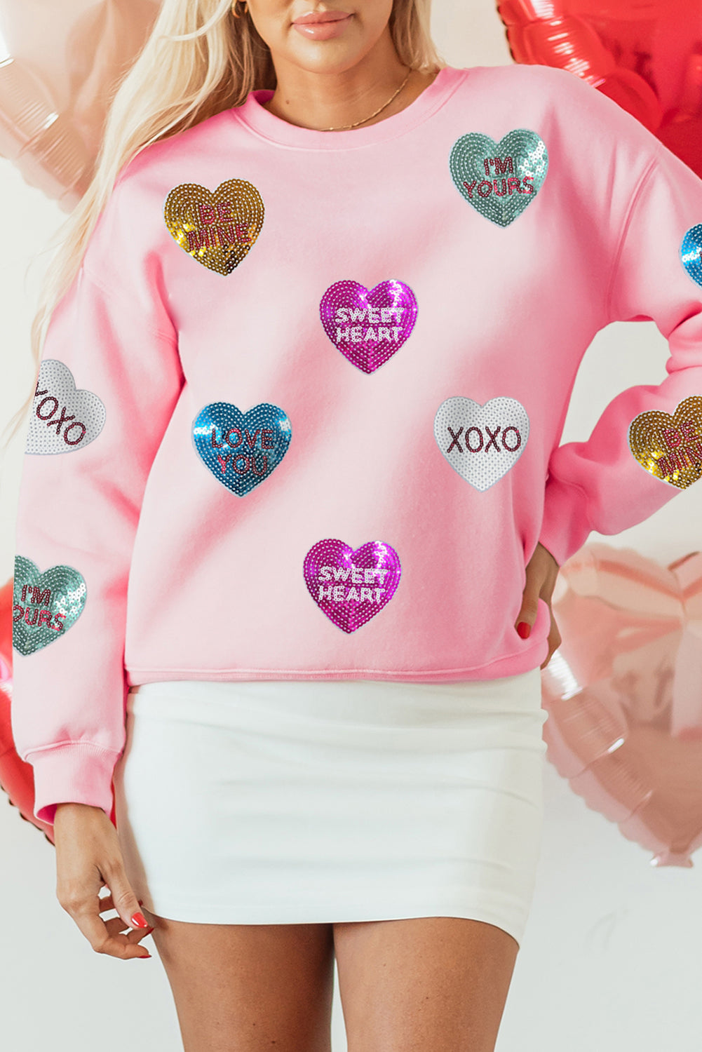 Rosa Pailletten-Sweatshirt, Romantische Buchstaben Herzgrafik Valentinstag