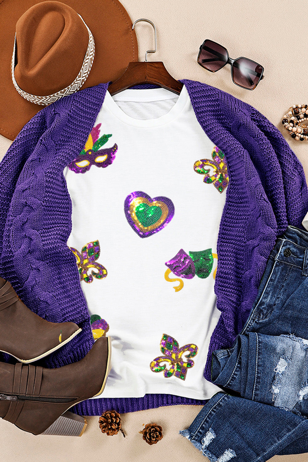 Weißes Pailletten T-Shirt, Mardi Gras Symbol Muster Freizeit Wear