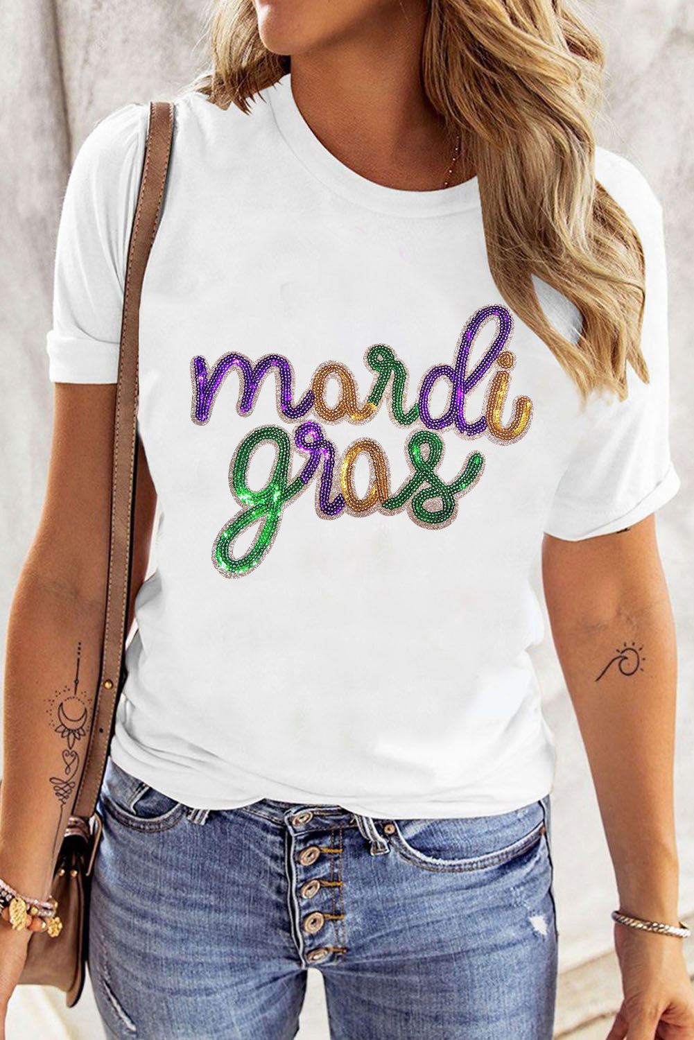 Weißes T-Shirt mit Pailletten-Mardi-Gras-Grafik, Kurzarm Damenmode