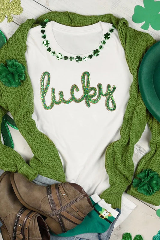 Weißes T-Shirt mit Pailletten, Lucky St.Patricks Day Deko