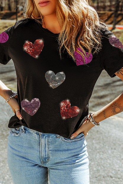 Schwarzes Valentinstags-T-Shirt, Rundhalsausschnitt, Herz-Pailletten