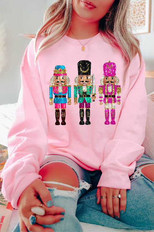 Rosafarbenes Weihnachts-Sweatshirt, Nussknacker Aufdruck, Überschnittene Schulter