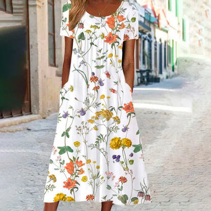 Elegantes Blumendruck Damenkleid Mit Kurzen Ärmeln Und Rundem Ausschnitt Für Frühling Und Sommer