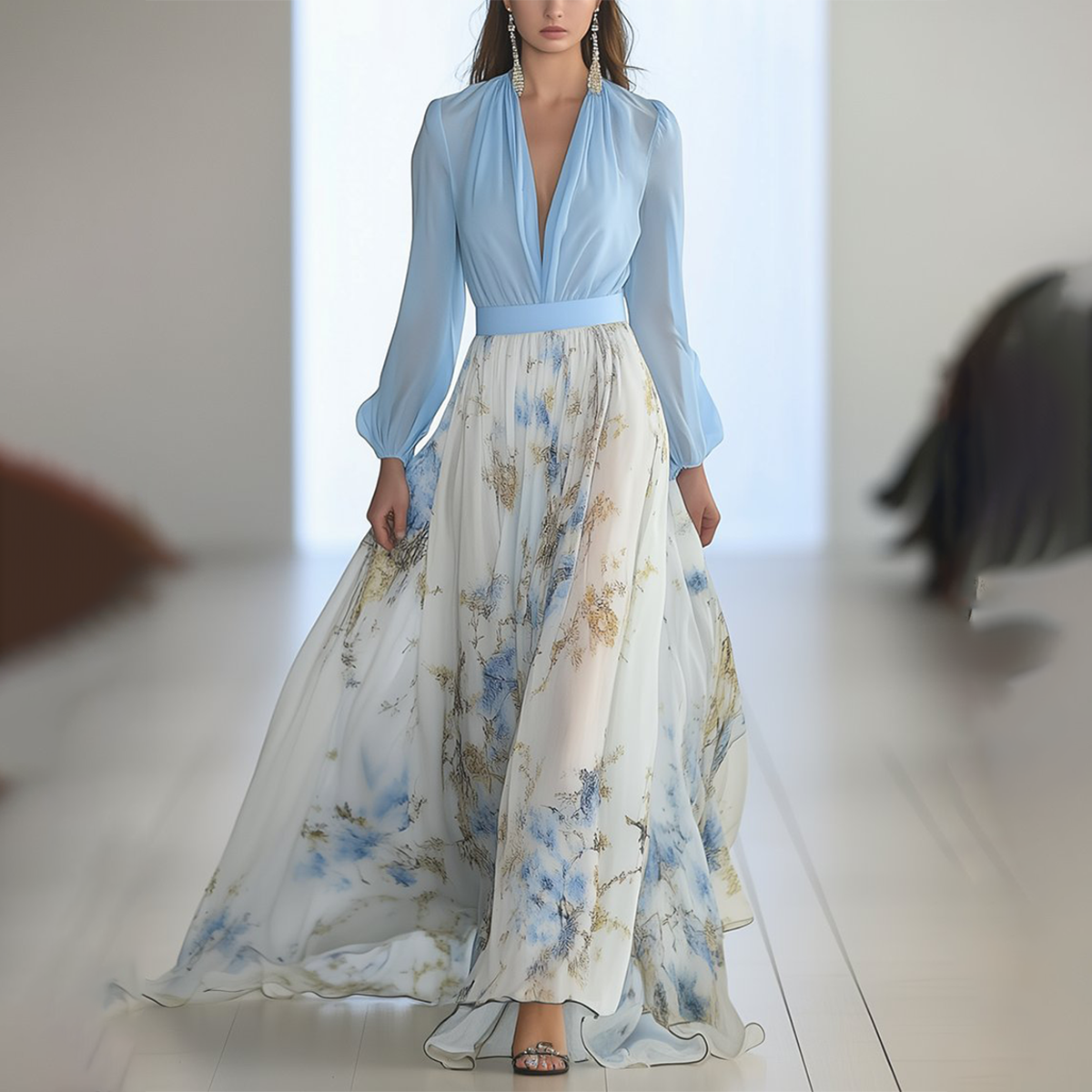 Variant image for Blumenmaxikleid Langarm V-Ausschnitt A-Line Silhouette für Damen – Elegantes Sommerkleid für Verschiedene Anlässe-1