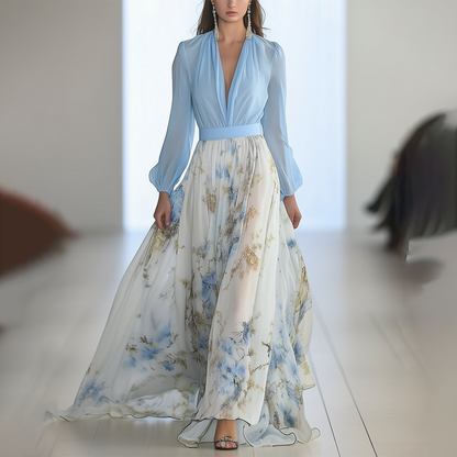 Variant image for Blumenmaxikleid Langarm V-Ausschnitt A-Line Silhouette für Damen – Elegantes Sommerkleid für Verschiedene Anlässe-1
