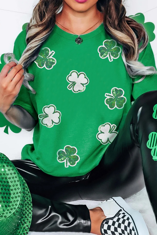 Hellgrünes St. Patricks-T-Shirt, Kleeblattmuster Pailletten