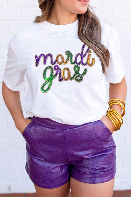 Weißes T-Shirt mit Pailletten-Mardi-Gras-Grafik, Kurzarm Damenmode