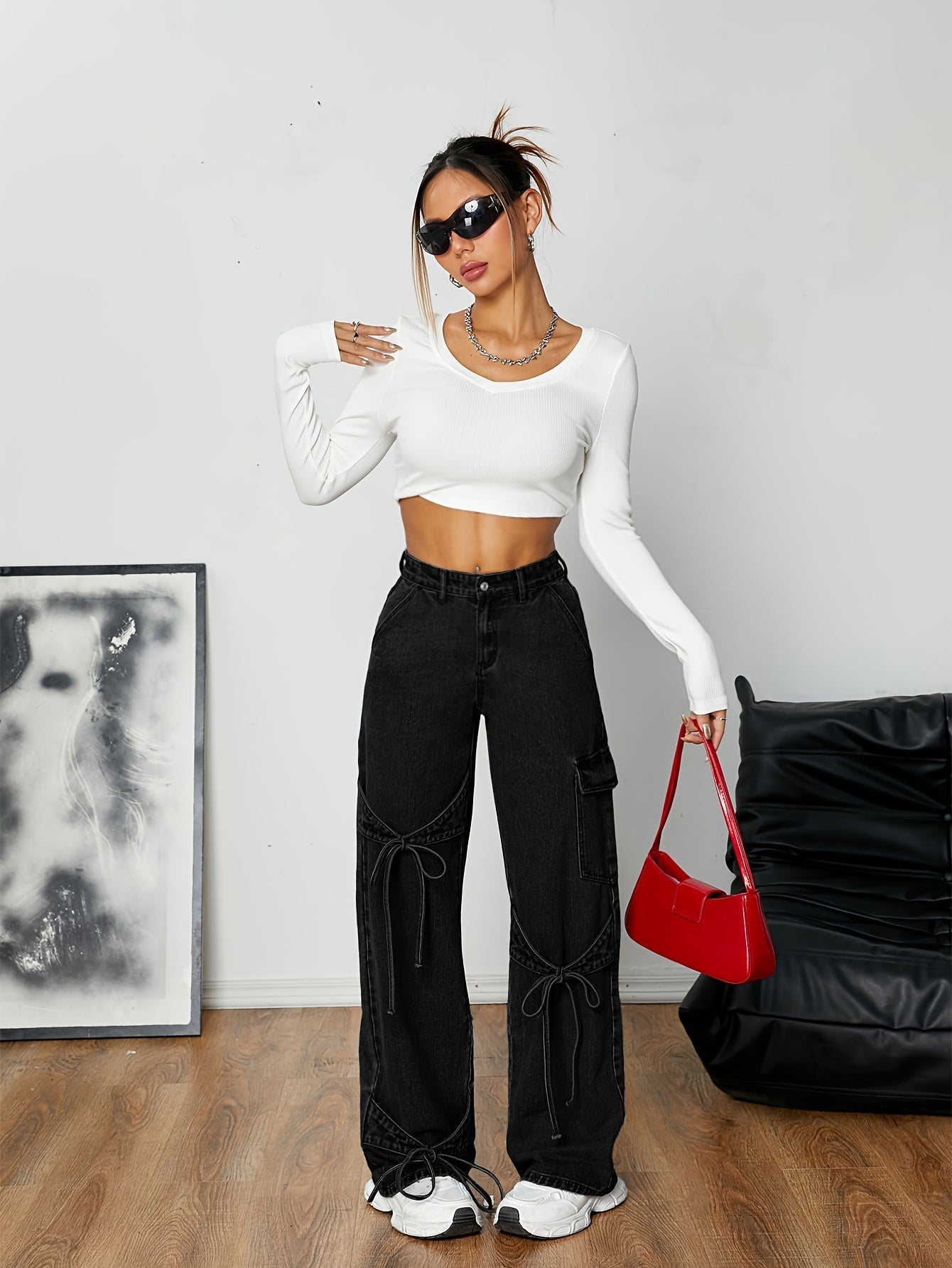 Schwarze Frachtjeans Für Frauen Mit Weitbein-Passform Aus Langlebiger Rayon-Baumwollmischung-3