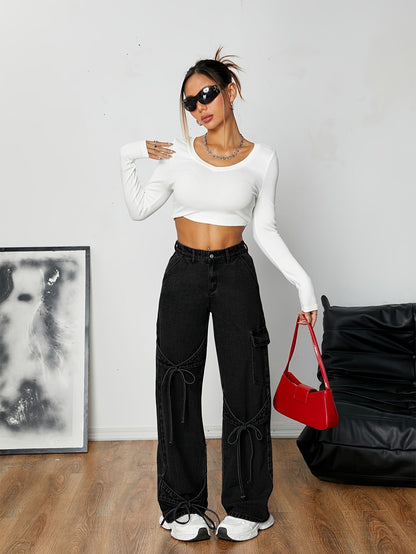 Schwarze Frachtjeans Für Frauen Mit Weitbein-Passform Aus Langlebiger Rayon-Baumwollmischung-3
