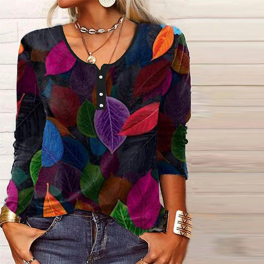 Bunte Blattdruck Damenbluse, V-Ausschnitt, Baumwoll-Polyester-Mischung, Ideal Für Alle Jahreszeiten, Trendige Blusen-1