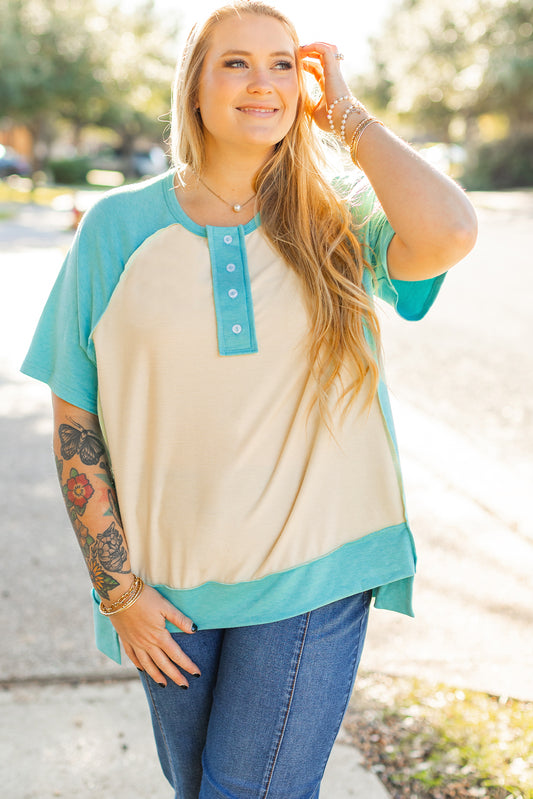 Minzgrüner Farbblock Raglan-Ärmel Plus-Size T-Shirt, Modisch Bequem Geknöpft