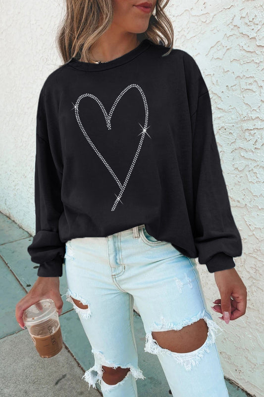 Mode-Sweatshirt zum Valentinstag, Schwarzes Strass-Herzmuster Stylish