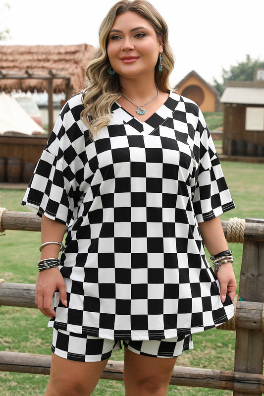 Schwarz Kariertes Muster T-Shirt und Shorts Plus Size Set, Bequemes Freizeit Outfit