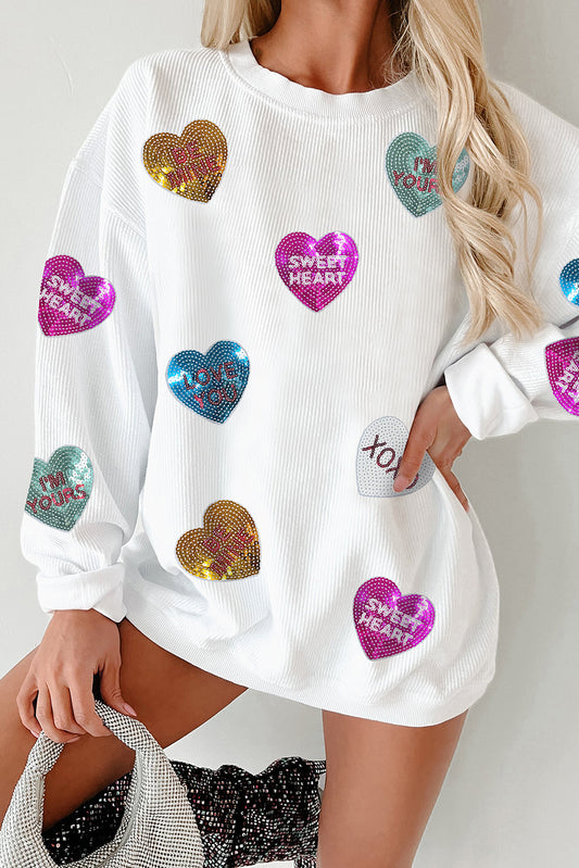 Weißes Cord-Baggy-Sweatshirt, Herz-Pailletten-Slogan Valentins