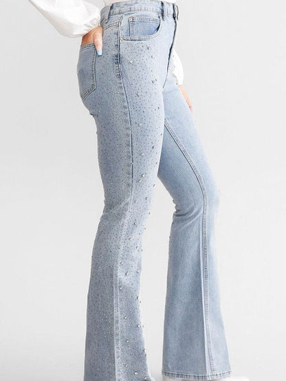 Hoch Taillierte Ausgestellte Damenjeans Mit Strassverzierungen Und Entspannter Passform-5
