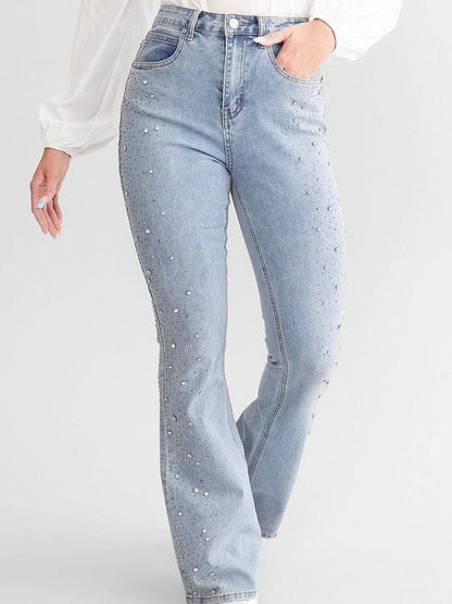 Hoch Taillierte Ausgestellte Damenjeans Mit Strassverzierungen Und Entspannter Passform-1