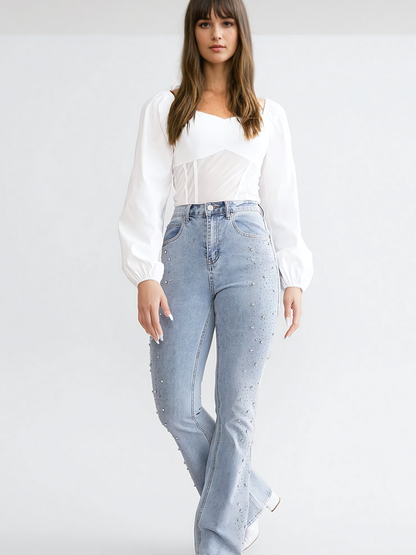 Hoch Taillierte Ausgestellte Damenjeans Mit Strassverzierungen Und Entspannter Passform-3