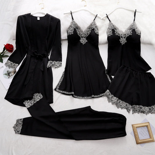 Seiden-Pyjama-Set Damen, Verstellbare Träger, Elegantes Spitzendesign, Weiche Nachtwäsche 1
