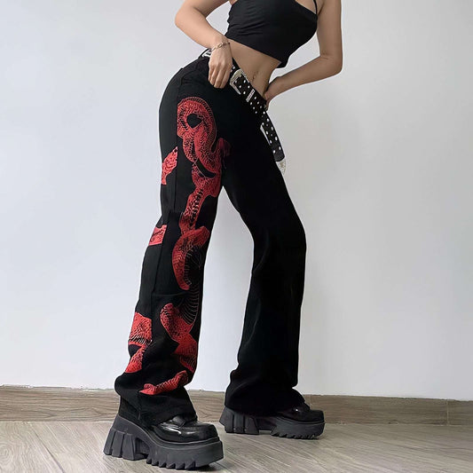 Bestickte Stretch-Denim Jeans Damen Mit Drachenmotiv Und Kanji-Kalligraphie-1