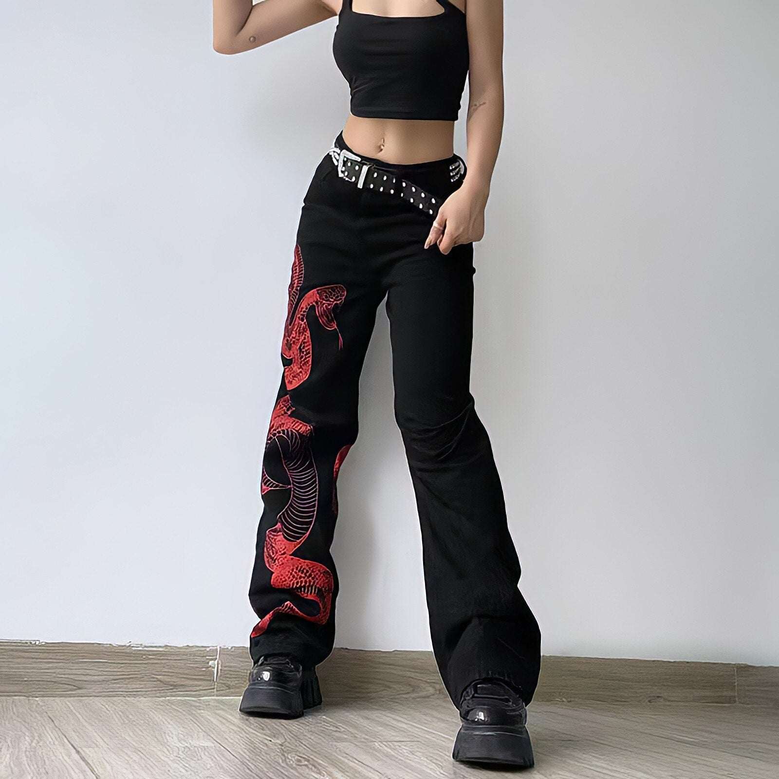 Bestickte Stretch-Denim Jeans Damen Mit Drachenmotiv Und Kanji-Kalligraphie-5