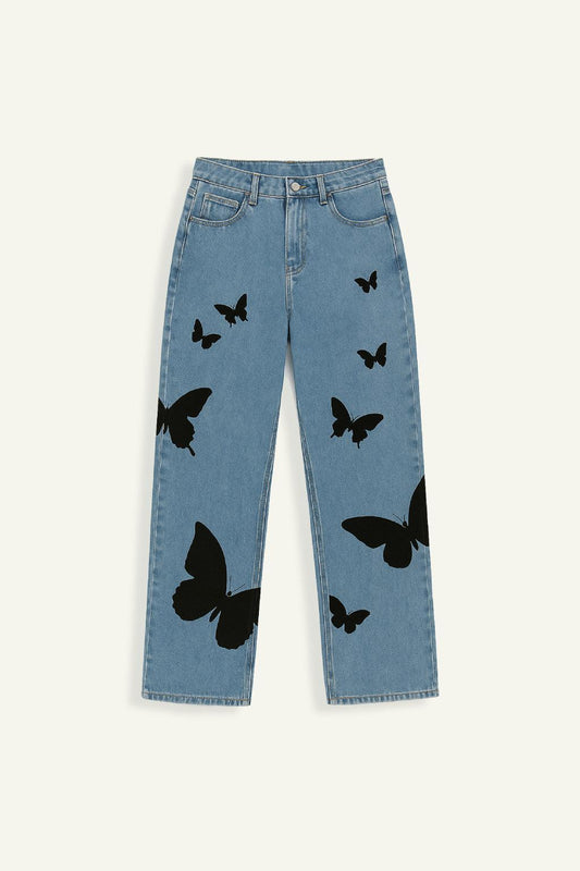 Schmetterlings-Stickerei Weitbein-Jeans Damen, Mittlere Taille, Bequeme Passform, Auffälliges Design-1