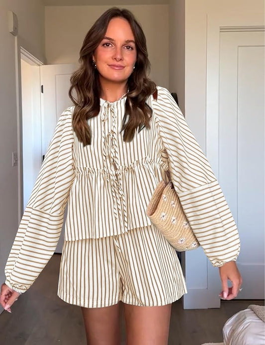 Damen Loungewear Set Mit Kariertem Design, Hohe Taillenshorts Und Langen Puffärmeln Für Den Sommer 1